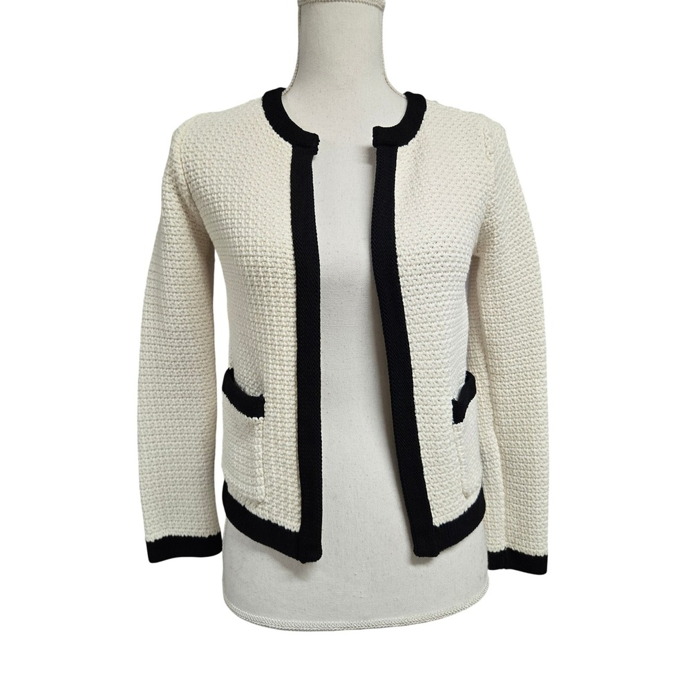 Ann Taylor Petite Open Front Cardigan Cream‎ Black Contrast Trim Women's Sz XXSP